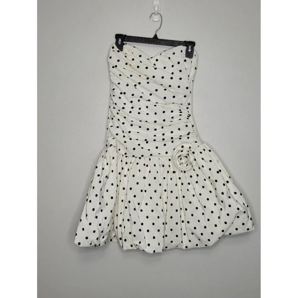 Vintage Positively Ellyn off white black polka dot bubble hem strapless dress